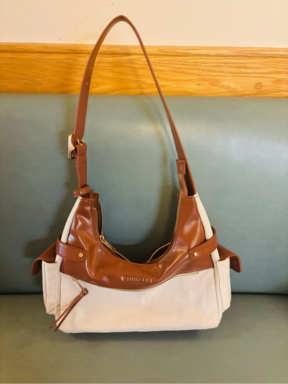 Fiorelli Izzie Women's Shoulder Bag in natural canvas and brown faux leather